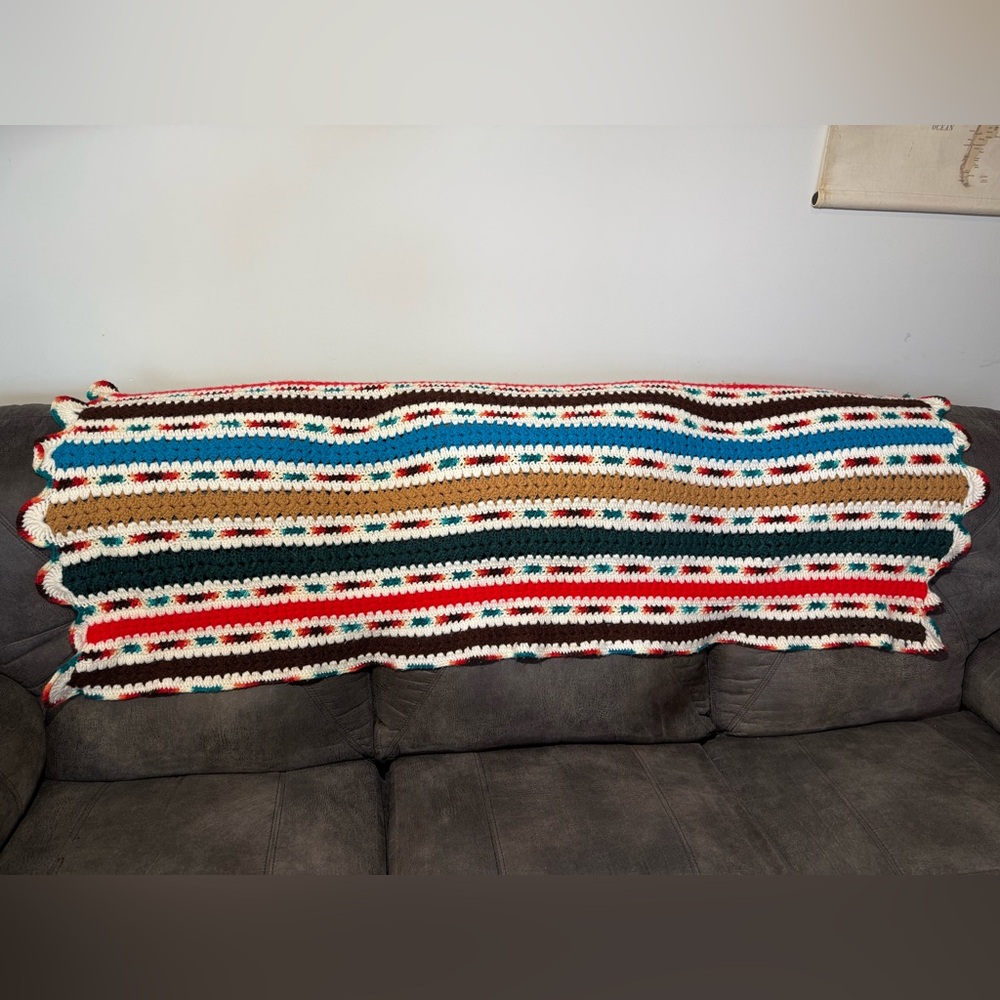 Vintage hand crochet multicolored afghan approx 70”x 54”